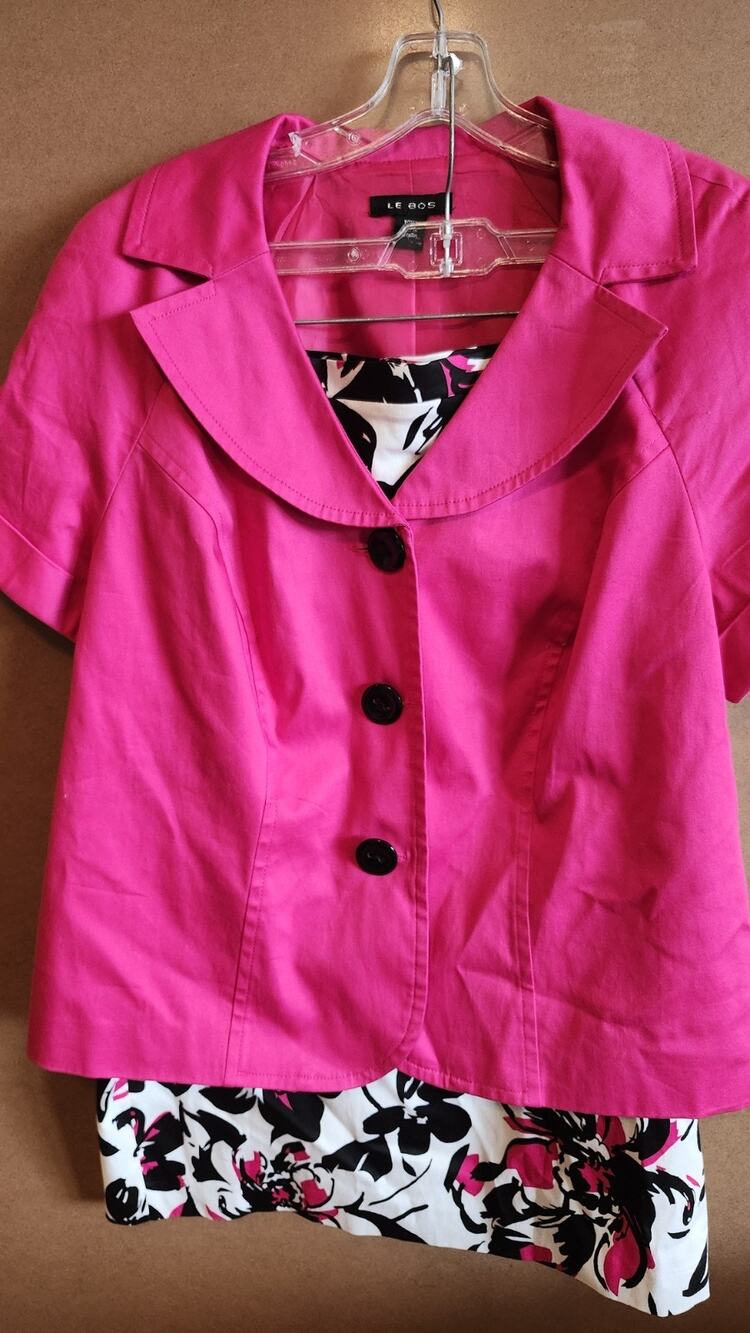 Le Bos 2 Pc Jacket Dress Set Size 16W Hot Pink Floral Short Sleeve D21